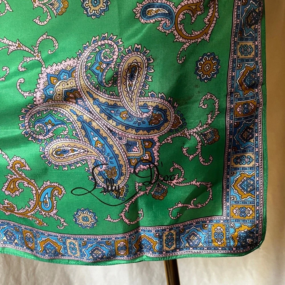 Vintage Lilly D'Or Green Paisley Square Scarf 26x26